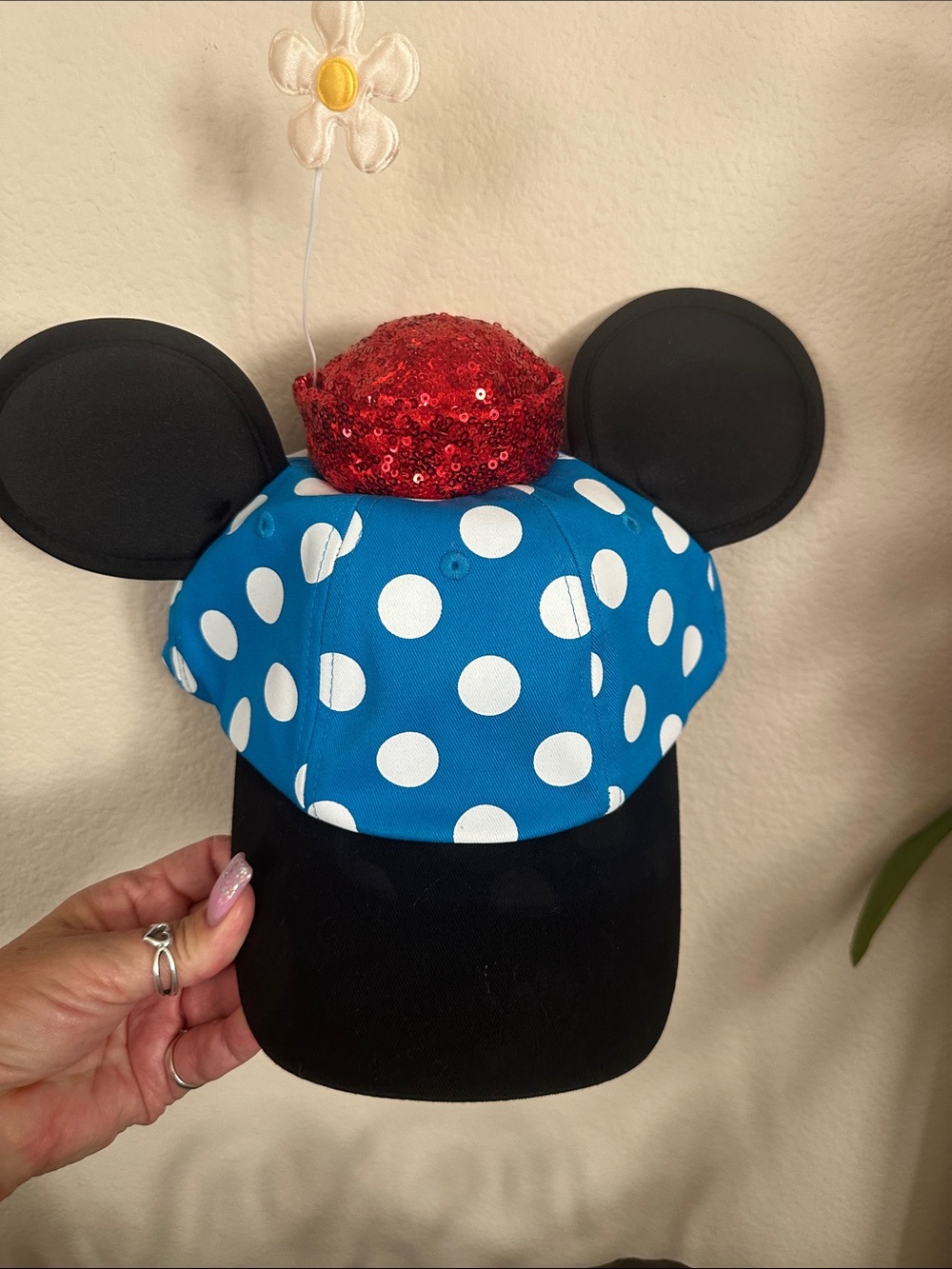 Disney Blue Polka Dot Minnie Ear Baseball Cap with Red Sequin Bow adult size NWT